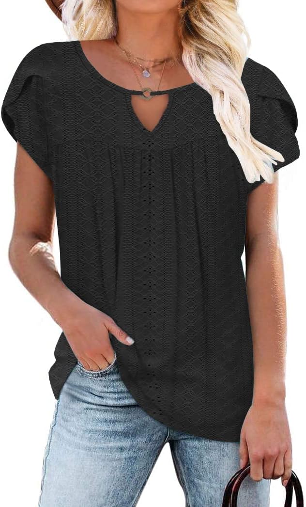 Womens Casual Summer Ruffle Sleeve V Neck Loose Fit Chiffon Blouse Tops
