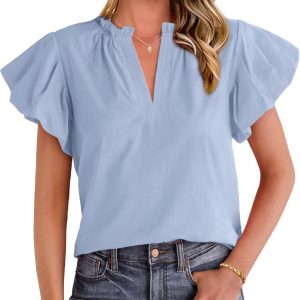 Women's Spring Summer Tops Dressy Casual 2026 Trendy V Neck Puff Short Sleeve Cute Shirts Business Work Blouses