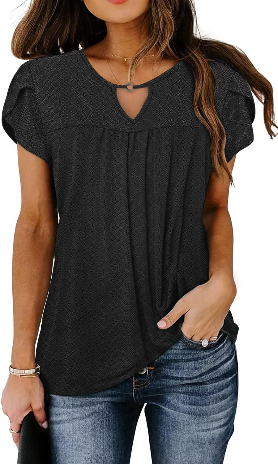 Womens Casual Summer Ruffle Sleeve V Neck Loose Fit Chiffon Blouse Tops - Image 2
