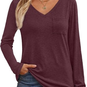 Women's Long Sleeve Shirts V Neck Casual Tops with Pockets Loose Dressy Basic Fall Outfits Clothes Winter Trendy 2026