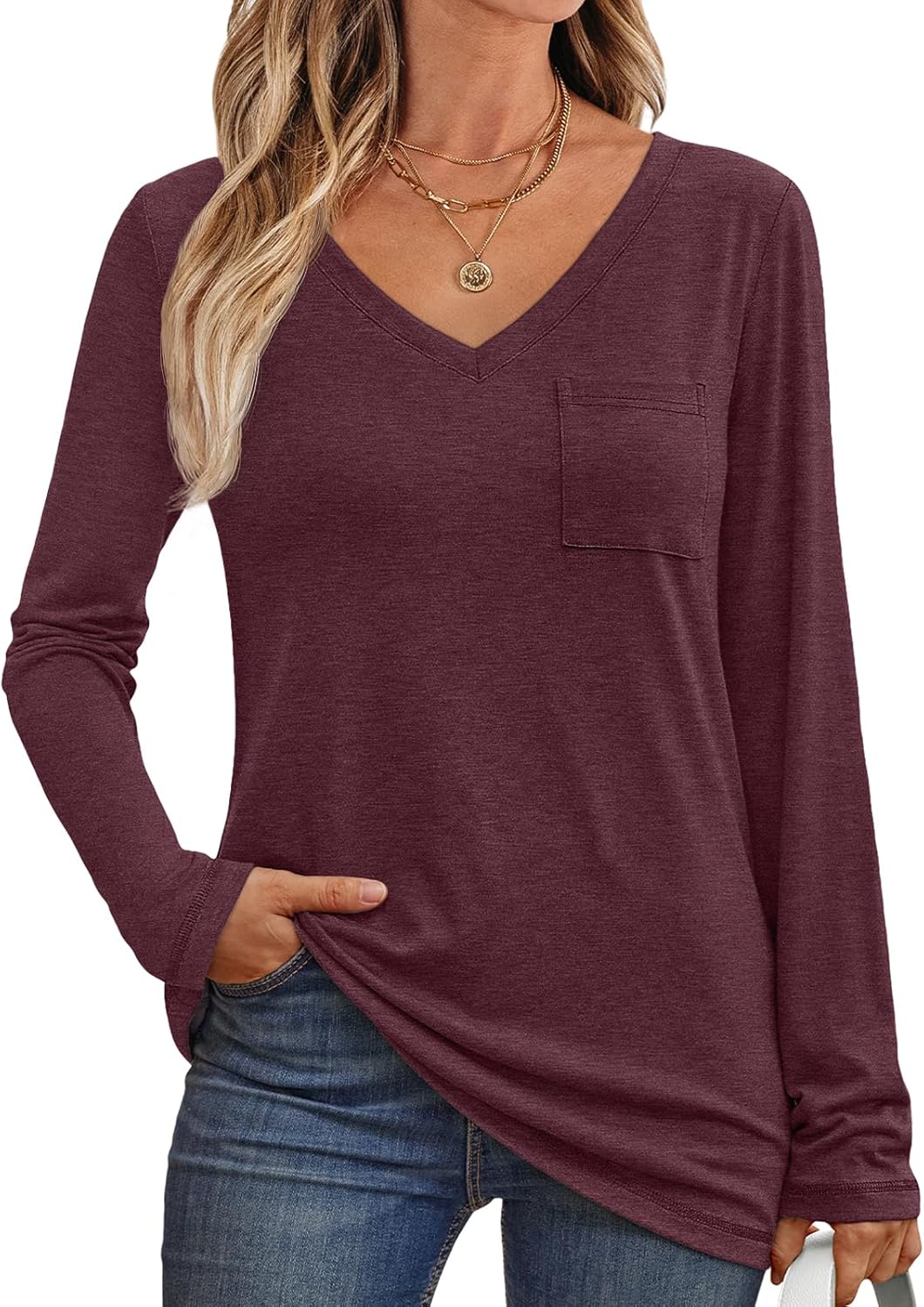 Women's Long Sleeve Shirts V Neck Casual Tops with Pockets Loose Dressy Basic Fall Outfits Clothes Winter Trendy 2026