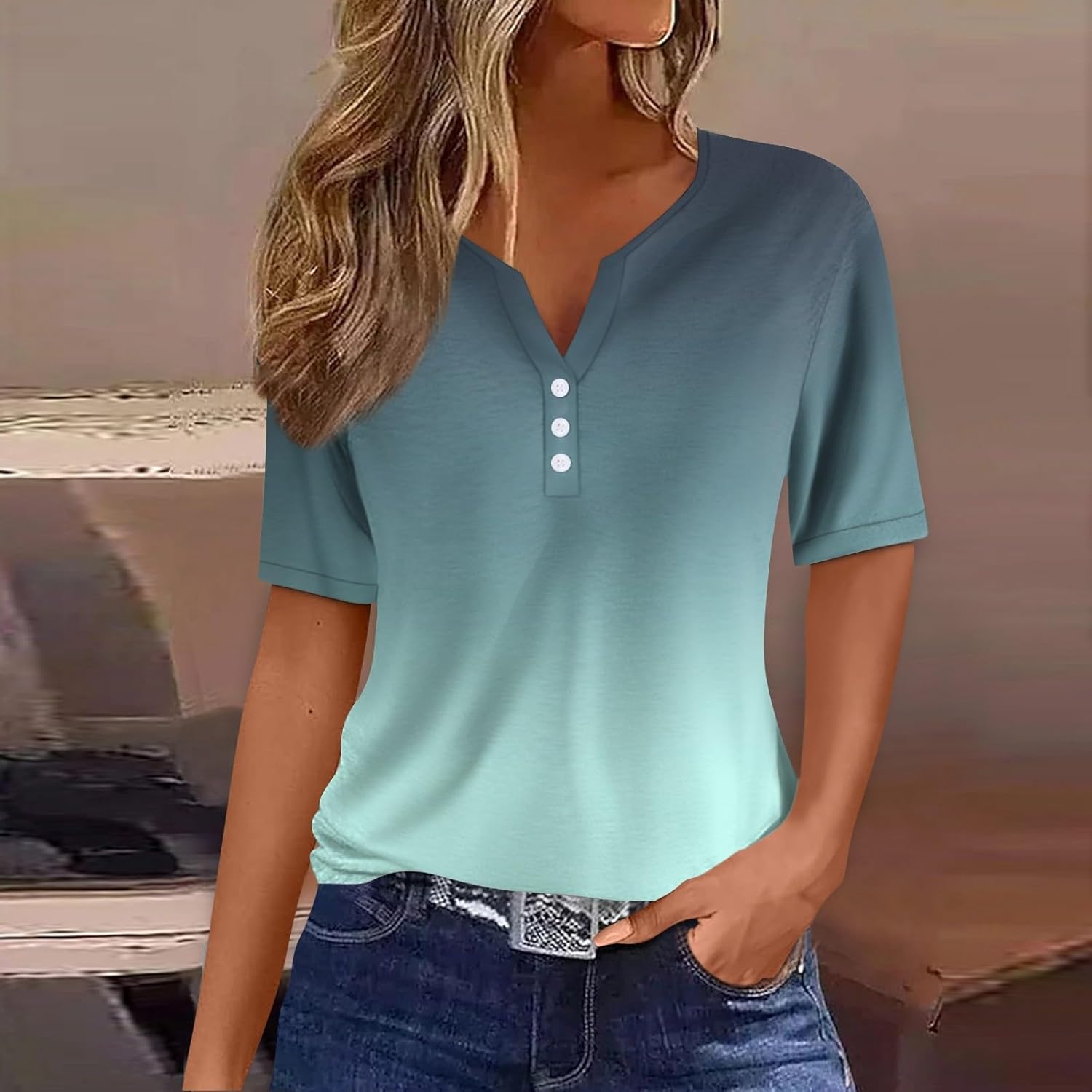 Women's Summer Chiffon Tops Trendy V Neck Curtain Ruffle Short Sleeve Shirts Dressy Casual Outfit Blouse - Image 2