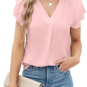 Women's Dressy Casual Shirts Short Sleeve V Neck Work Blouse Business Casual Tops